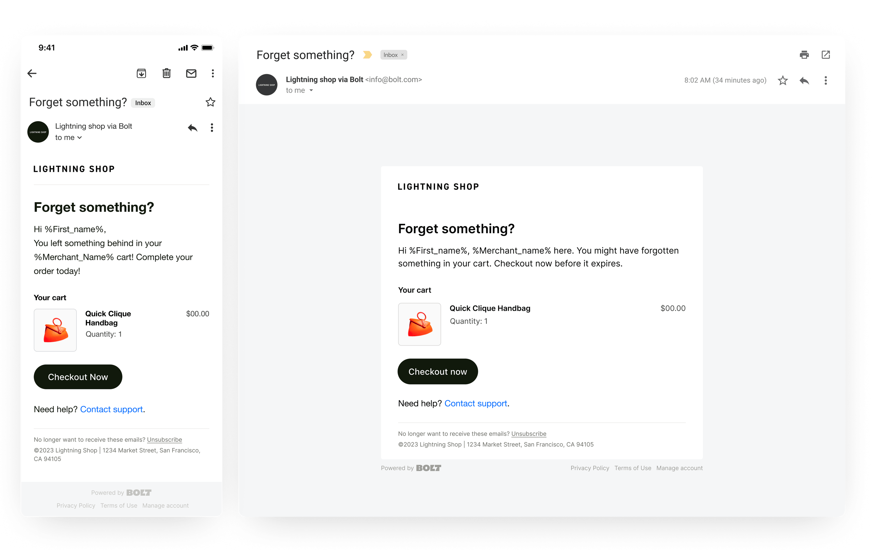 Redesigned abandoned cart email templates showing mobile and desktop views