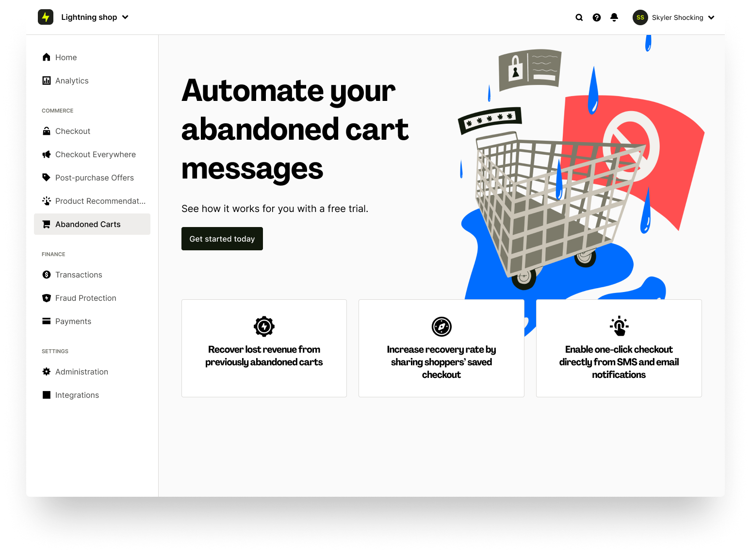 Abandoned carts product landing page for merchant onboarding