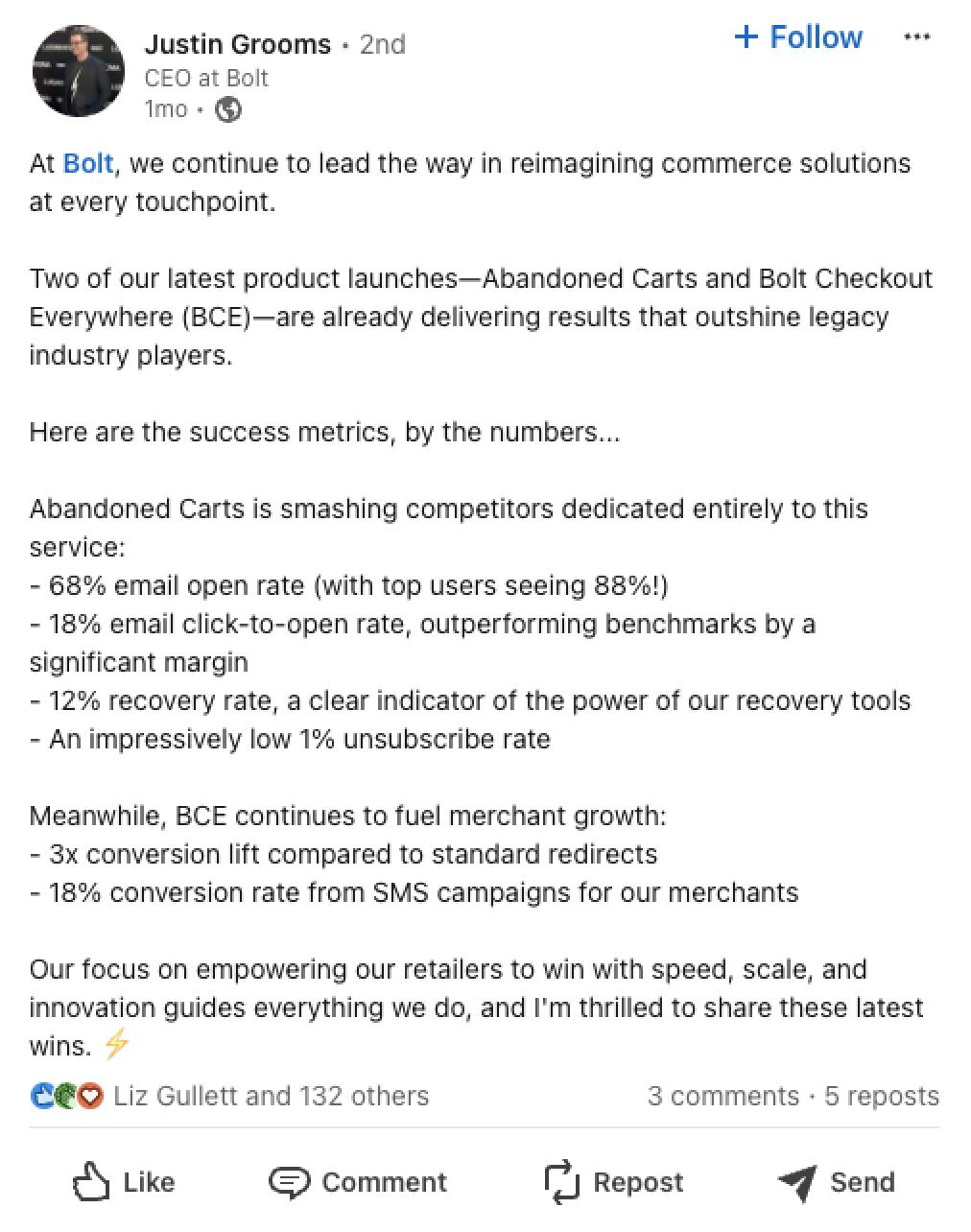 Bolt CEO Justin Grooms LinkedIn post highlighting Abandoned Carts performance metrics
