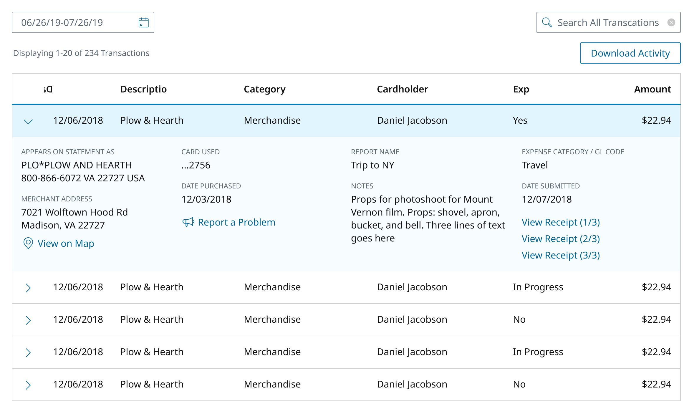 Previous transaction detail design: cluttered tray with download links