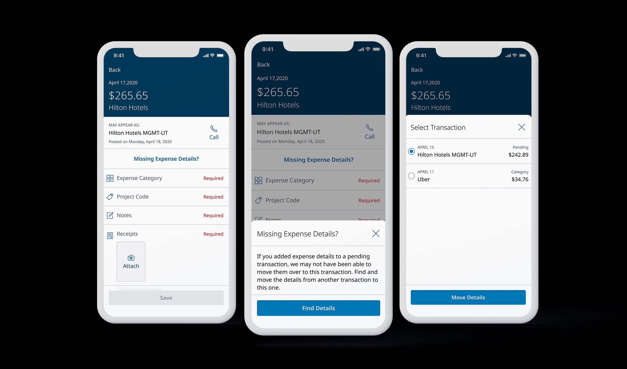 Pull expense details from pending transaction mockup