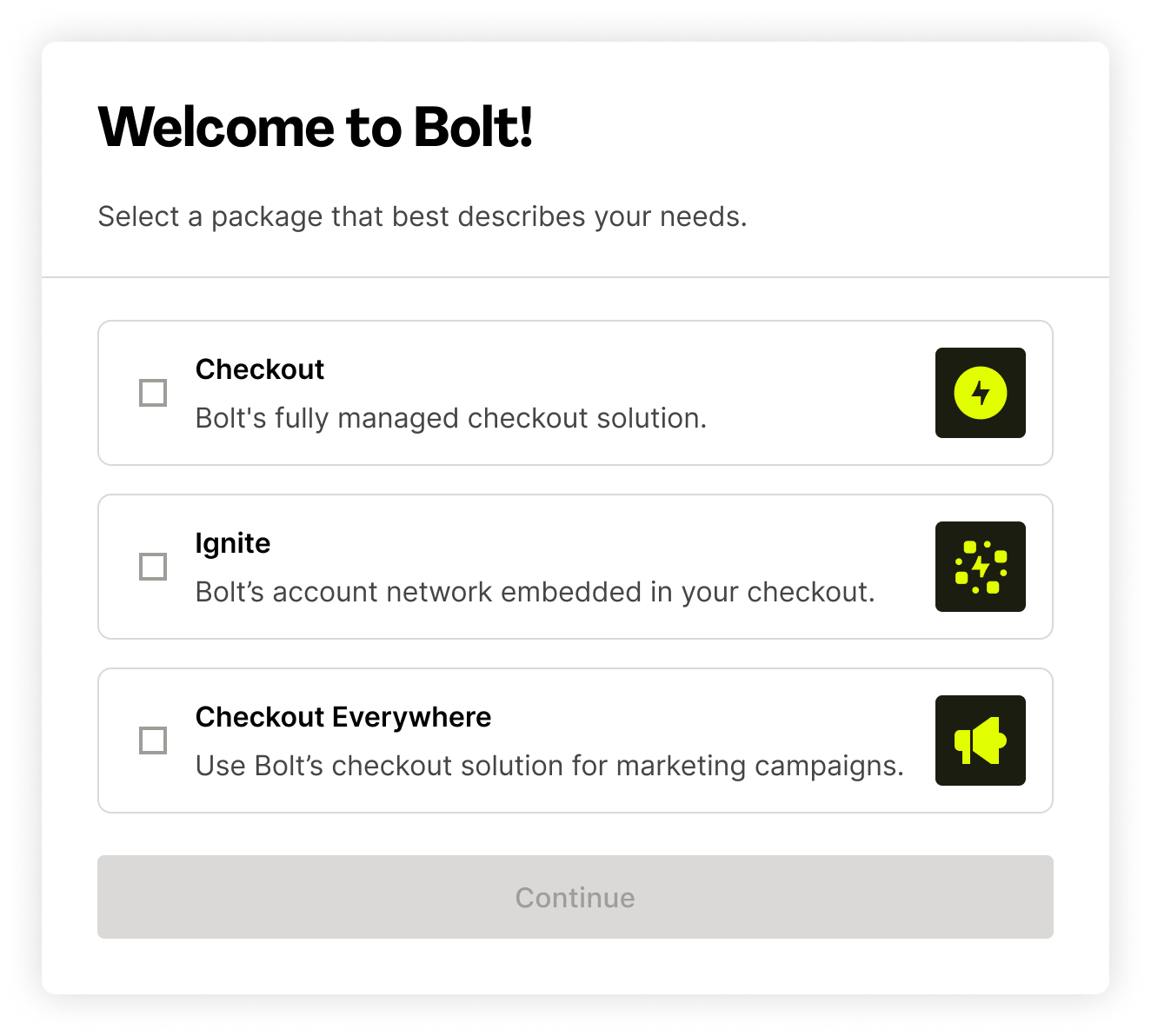 Product selection screen for Bolt products