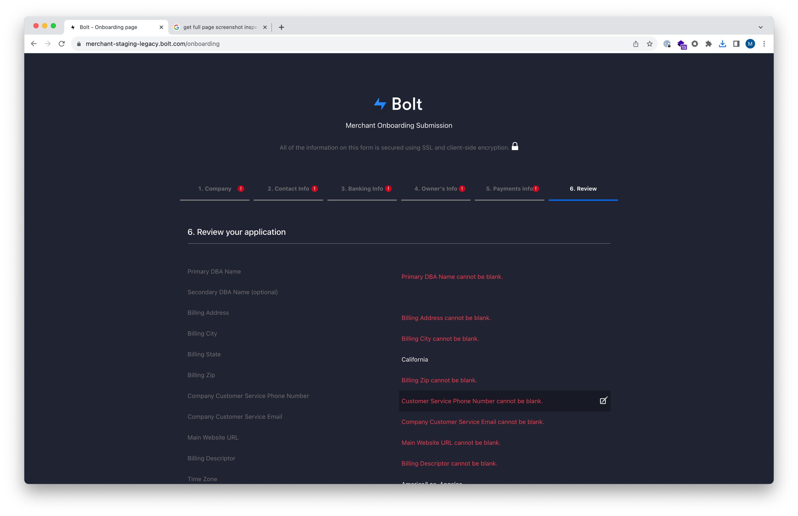 Legacy onboarding form - Review section