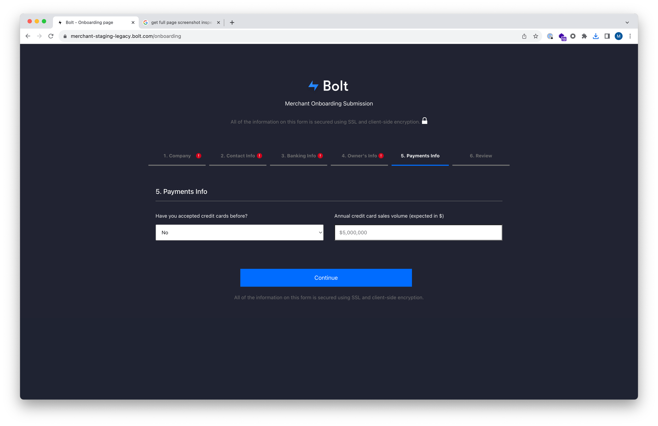 Legacy onboarding form - Payments Info section