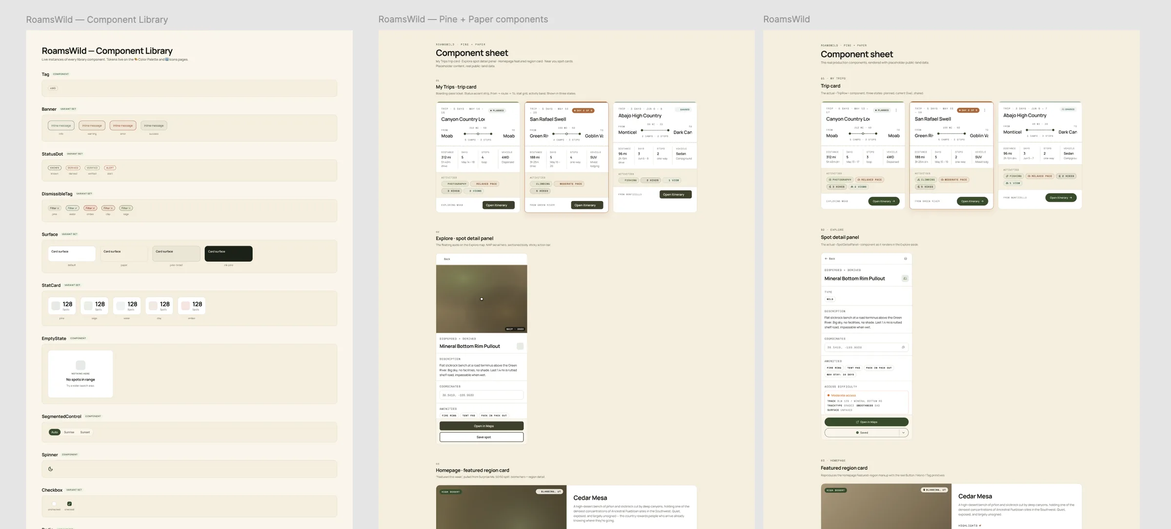 RoamsWild Pine + Paper component library in Figma: Component Library, Pine + Paper components, and a real production component sheet