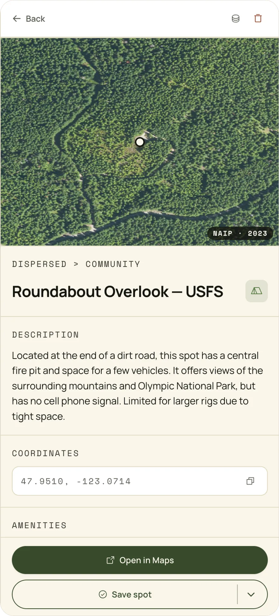 Spot detail for Roundabout Overlook on USFS land: satellite view, description, exact coordinates, and amenities