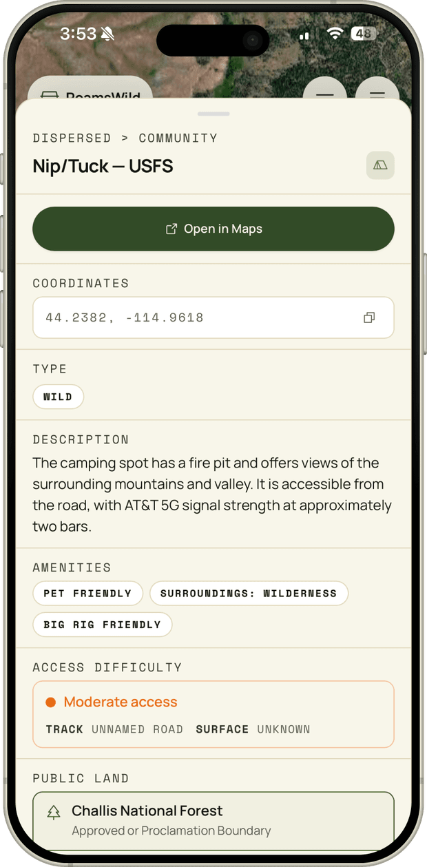 RoamsWild mobile spot detail screen for a dispersed USFS campsite