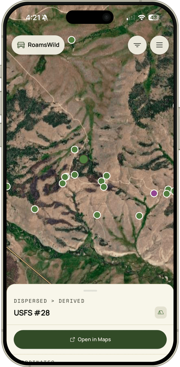 RoamsWild mobile map explore view with clustered campsite markers
