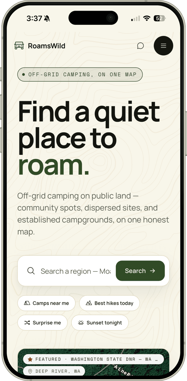 RoamsWild mobile home screen with the 'Find a quiet place to roam' hero and search