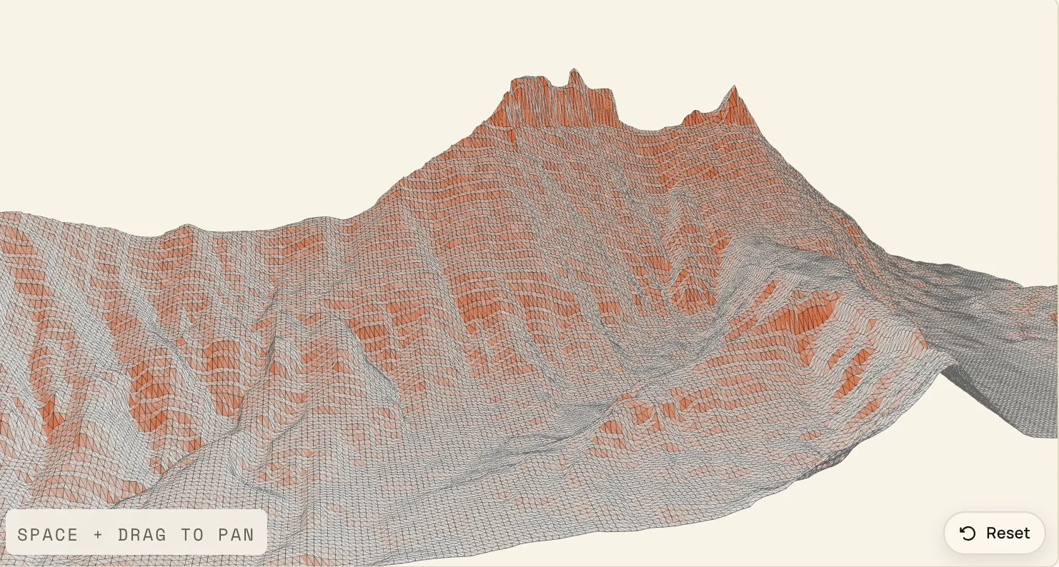 3D wireframe terrain render from USGS 3DEP DEM tiles, sun-facing slopes highlighted in clay against a paper background