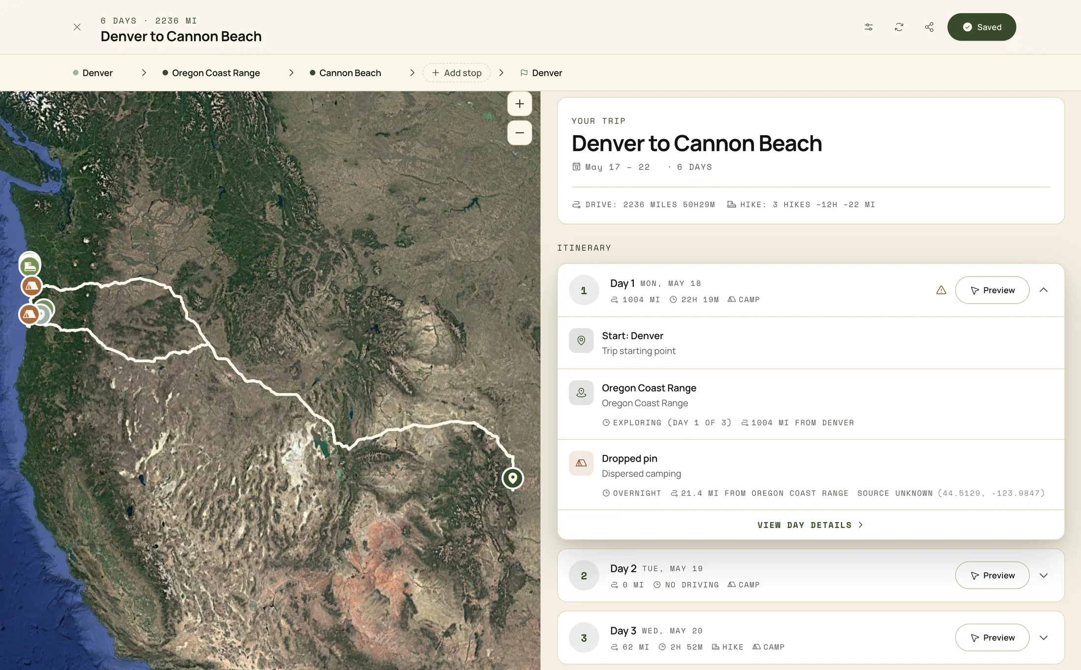 RoamsWild trip planner showing a six-day Denver to Cannon Beach itinerary with a routed map and day-by-day breakdown